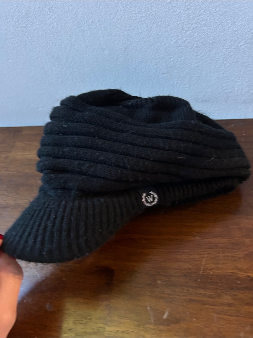 Wool Blend Black Knit Visor Beanie
